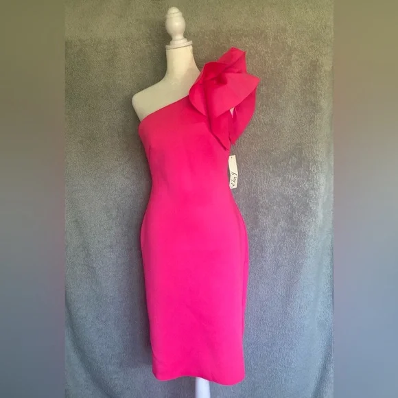Eliza J One-Shoulder Fuchsia Sheath Dress with Statement Bow - Picture 2 of 12